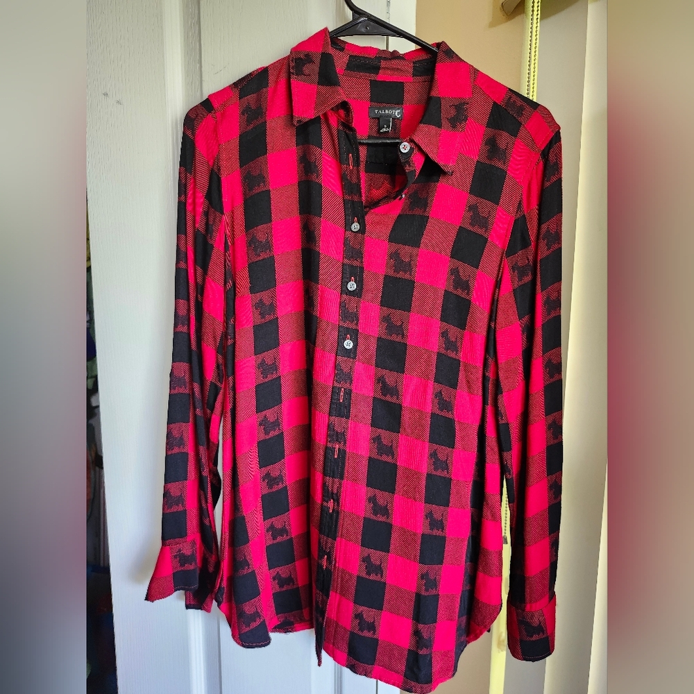 Talbots •Novelty  Scottie Dog Print Tartan Plaid Button Down Size Small●